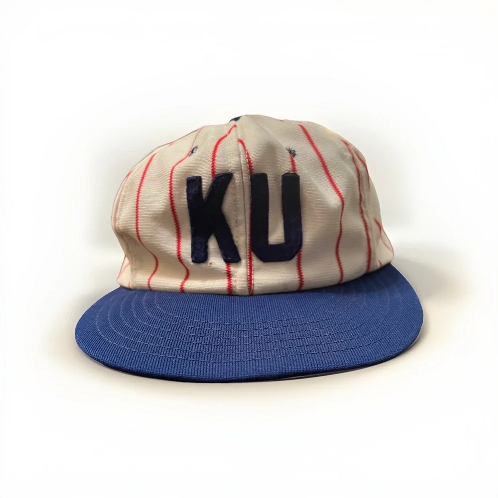 Vintage KU University Baseball Cap Red Stripes‎ Blue Brim Snapback Adjustable